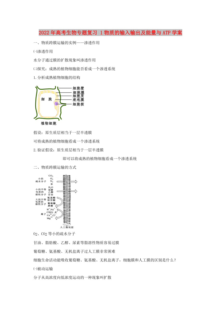 2022年高考生物專題復(fù)習(xí) 1物質(zhì)的輸入輸出及能量與ATP學(xué)案_第1頁