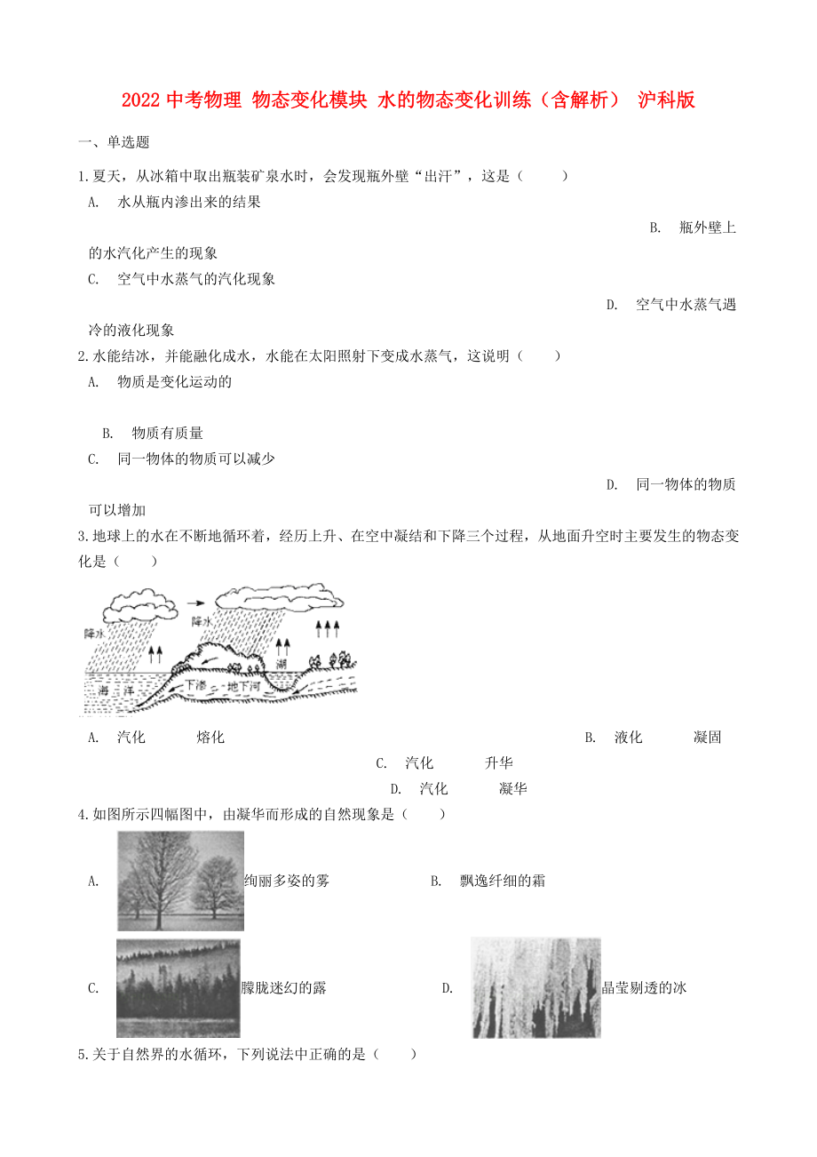 2022中考物理 物态变化模块 水的物态变化训练（含解析） 沪科版_第1页