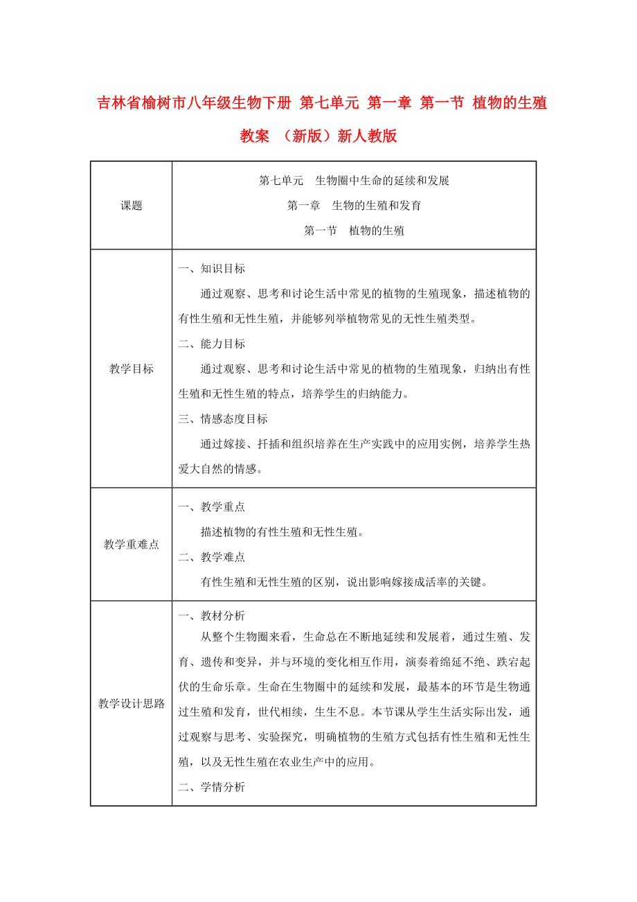 吉林省榆樹市八年級(jí)生物下冊(cè) 第七單元 第一章 第一節(jié) 植物的生殖教案 （新版）新人教版_第1頁(yè)