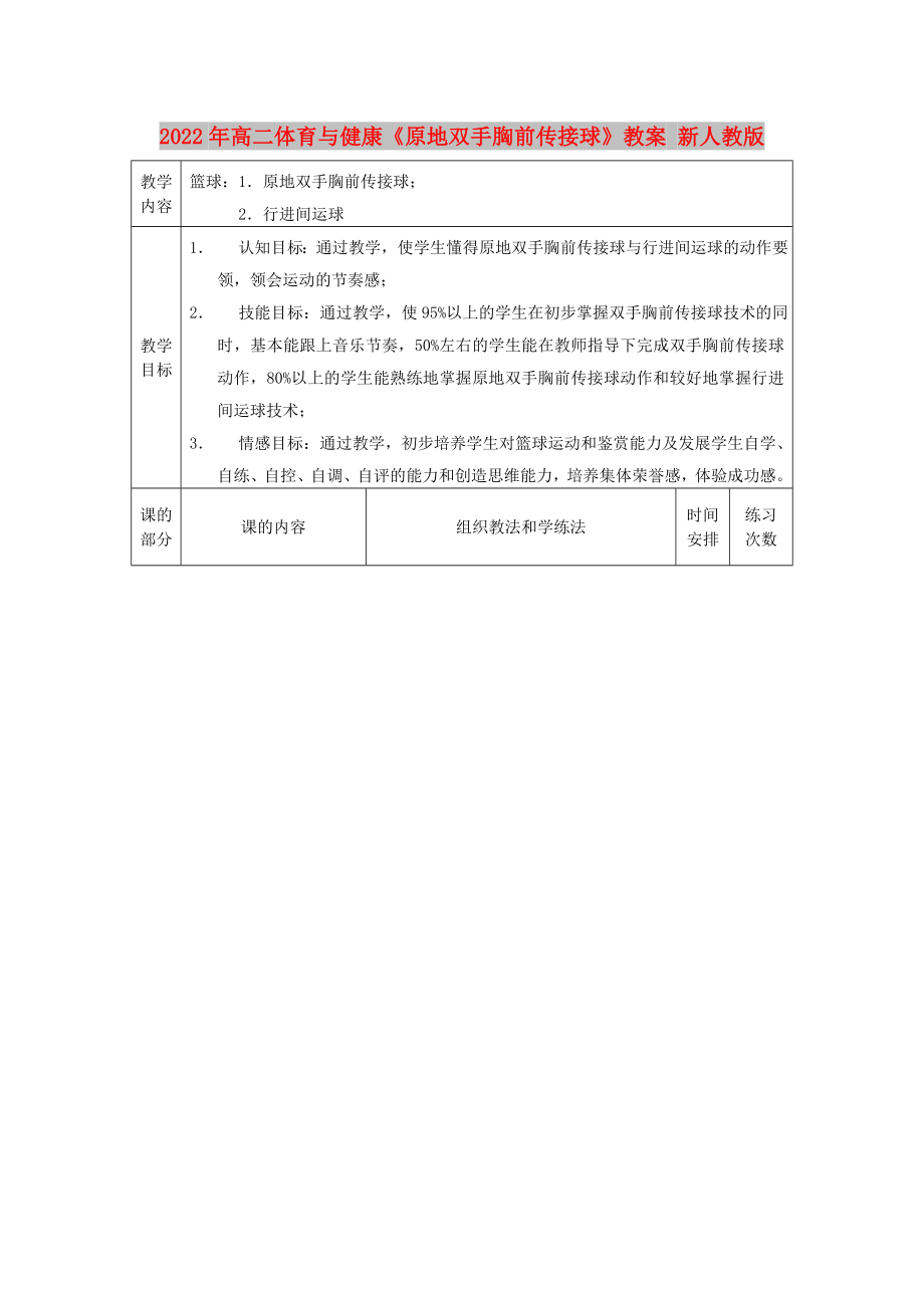 2022年高二體育與健康《原地雙手胸前傳接球》教案 新人教版_第1頁