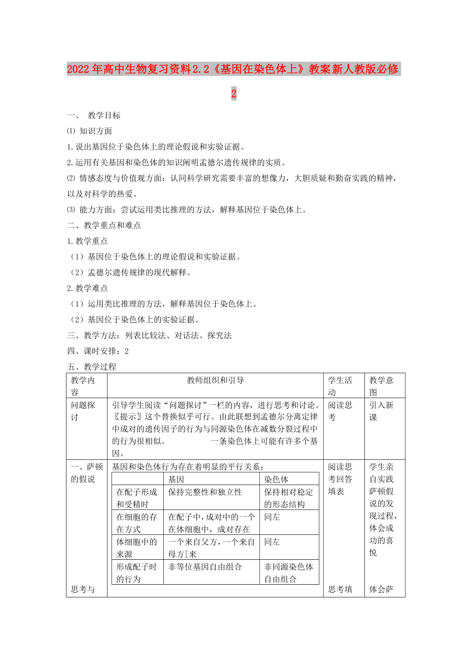 2022年高中生物復(fù)習(xí)資料 2.2《基因在染色體上》教案 新人教版必修2_第1頁