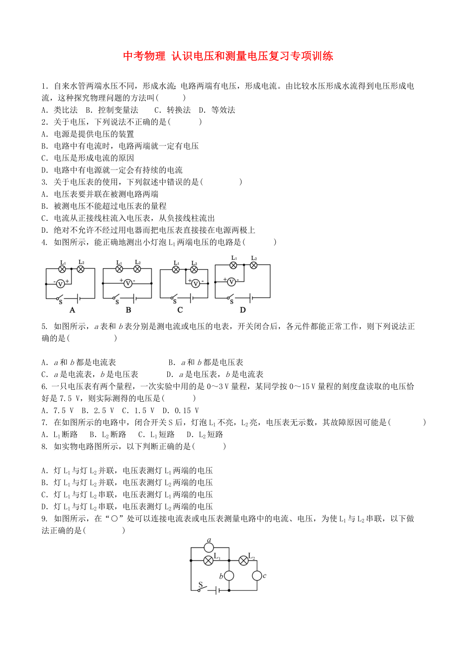 中考物理 认识电压和测量电压复习专项训练_第1页