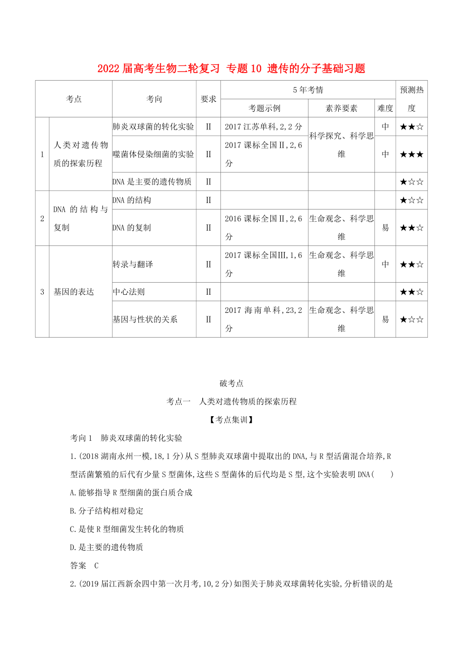 2022屆高考生物二輪復(fù)習(xí) 專(zhuān)題10 遺傳的分子基礎(chǔ)習(xí)題_第1頁(yè)