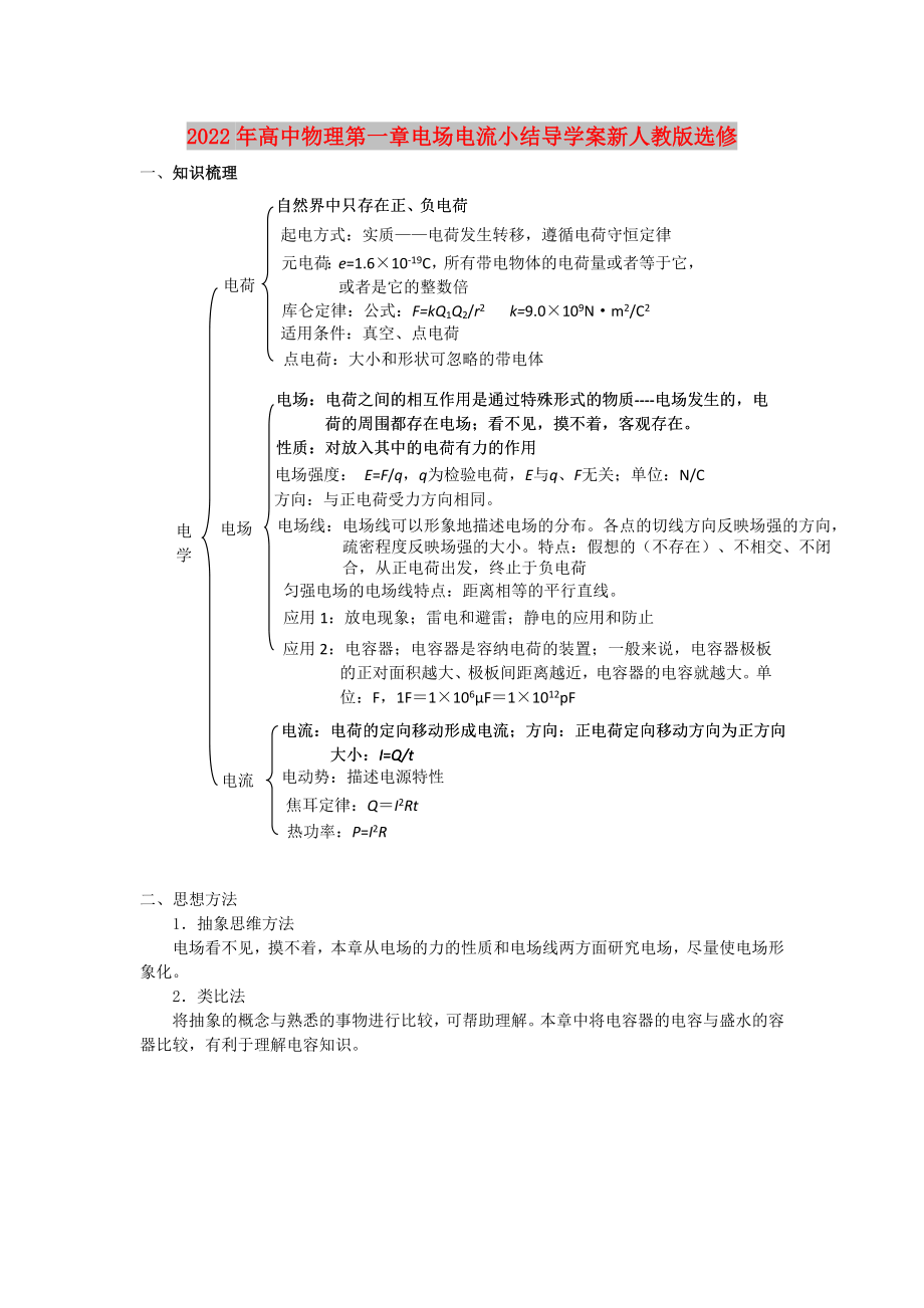 2022年高中物理第一章电场电流小结导学案新人教版选修_第1页