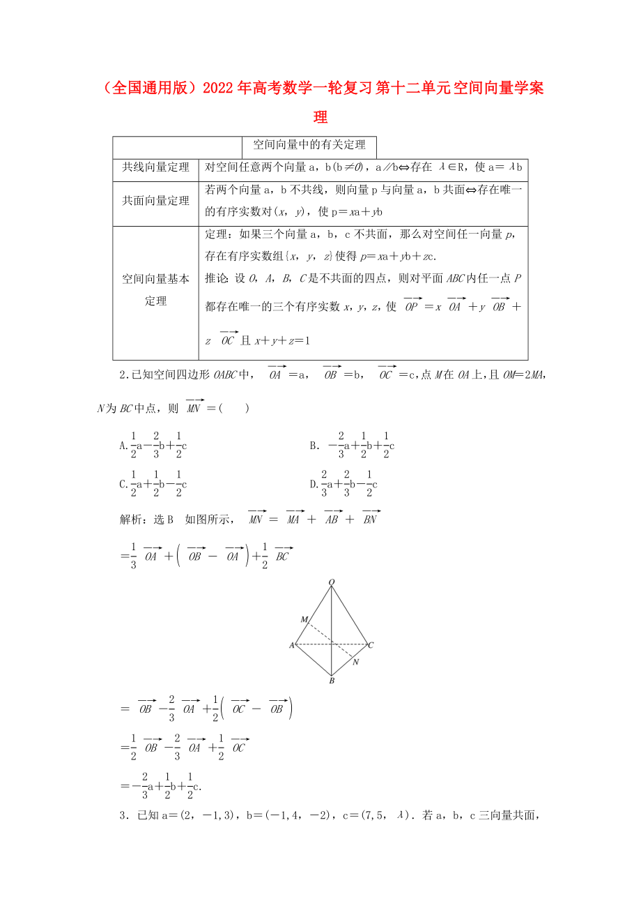 （全国通用版）2022年高考数学一轮复习 第十二单元 空间向量学案 理_第1页