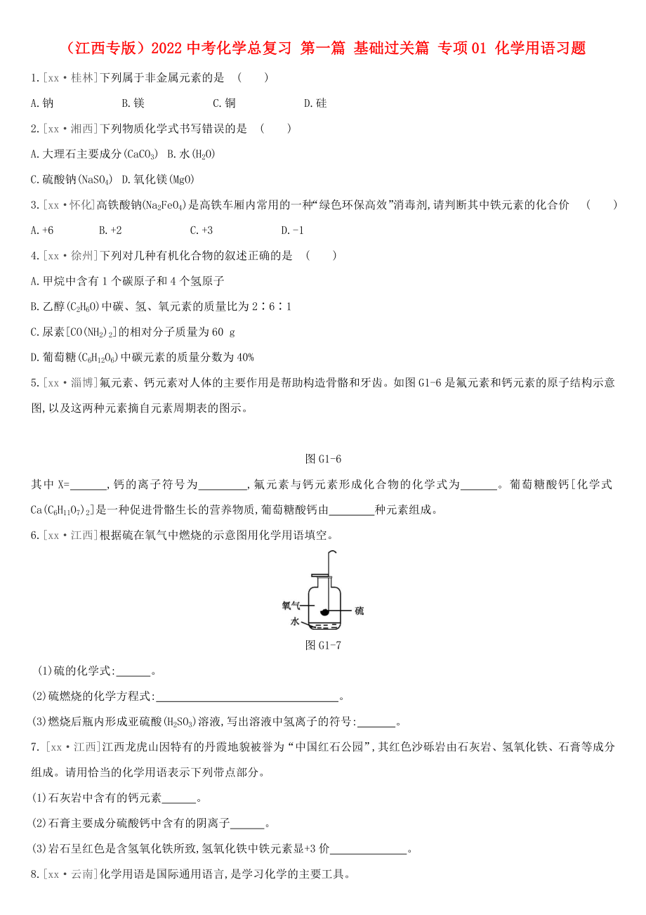 （江西專(zhuān)版）2022中考化學(xué)總復(fù)習(xí) 第一篇 基礎(chǔ)過(guò)關(guān)篇 專(zhuān)項(xiàng)01 化學(xué)用語(yǔ)習(xí)題_第1頁(yè)