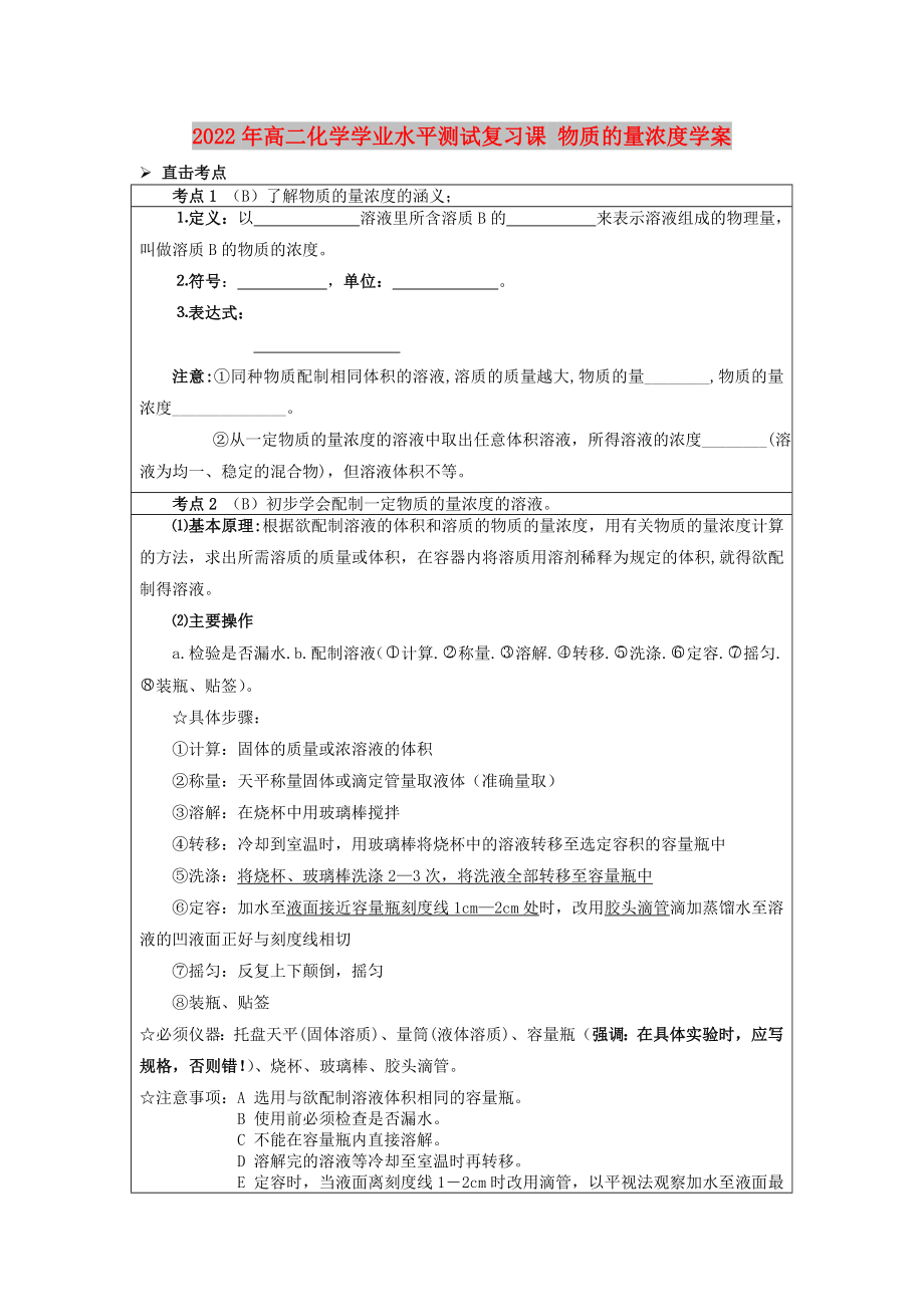 2022年高二化學(xué)學(xué)業(yè)水平測試復(fù)習(xí)課 物質(zhì)的量濃度學(xué)案_第1頁