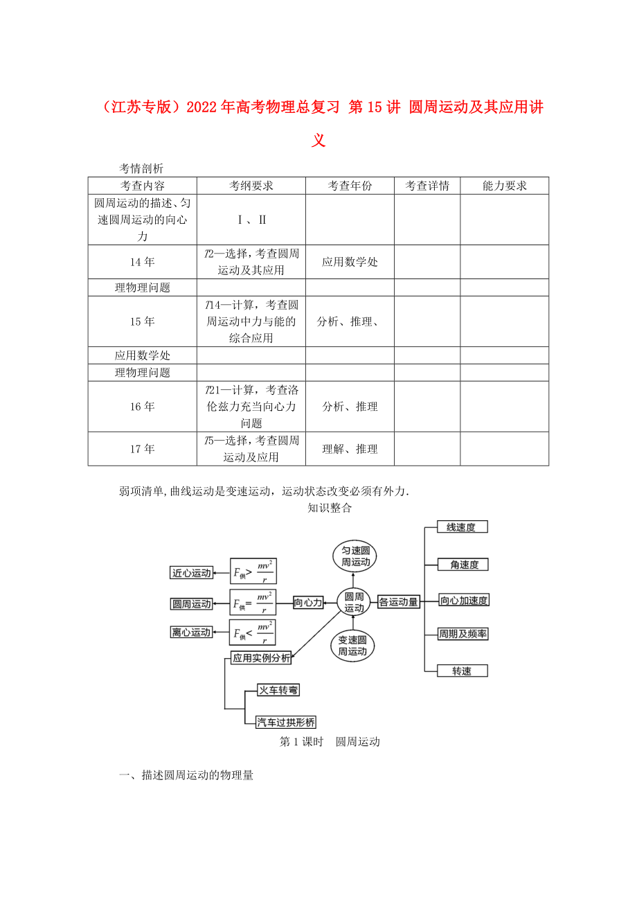 （江蘇專版）2022年高考物理總復(fù)習(xí) 第15講 圓周運(yùn)動(dòng)及其應(yīng)用講義_第1頁(yè)