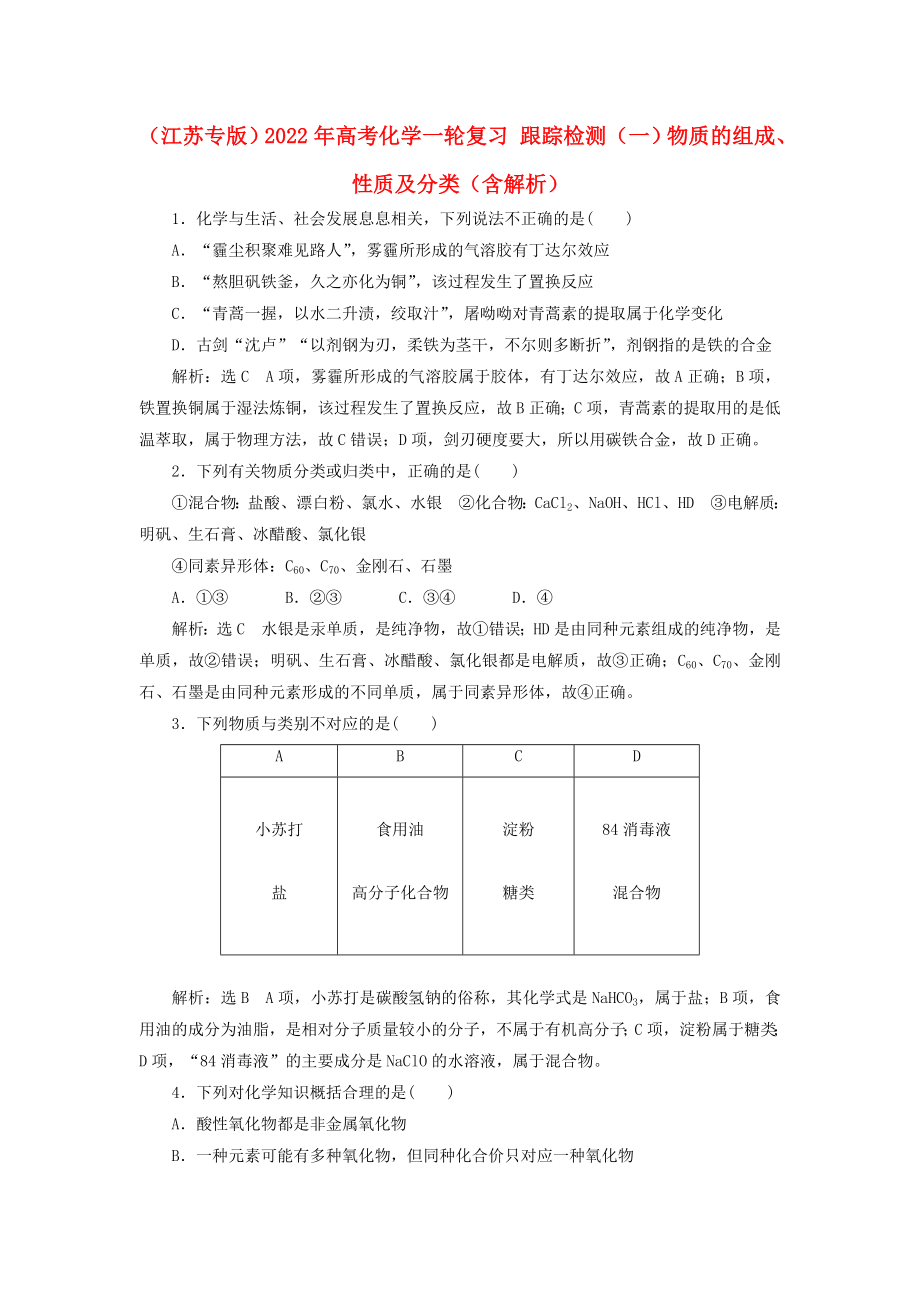 （江蘇專版）2022年高考化學(xué)一輪復(fù)習(xí) 跟蹤檢測（一）物質(zhì)的組成、性質(zhì)及分類（含解析）_第1頁