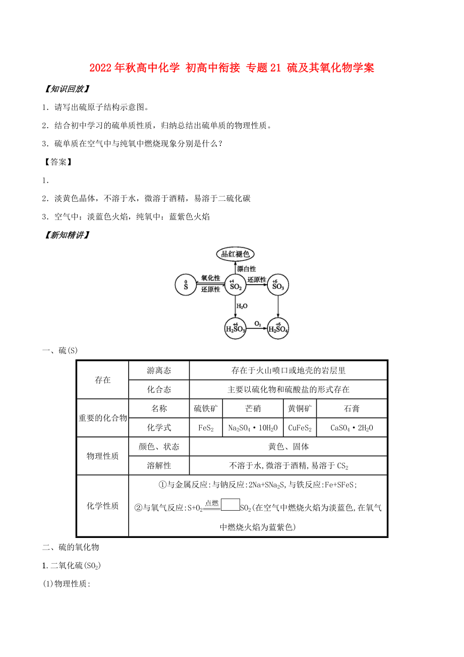 2022年秋高中化學(xué) 初高中銜接 專題21 硫及其氧化物學(xué)案_第1頁