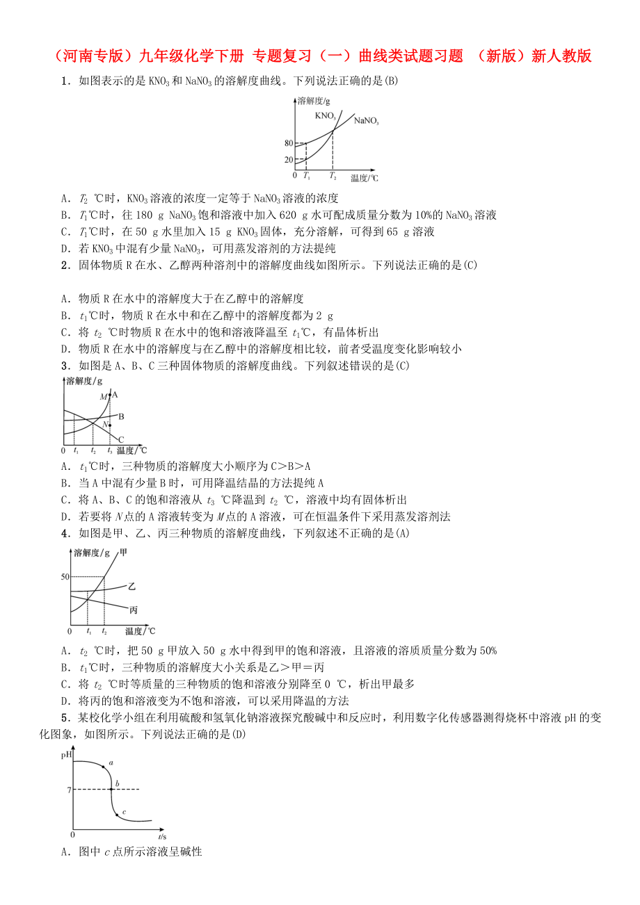 （河南專版）九年級化學(xué)下冊 專題復(fù)習(xí)（一）曲線類試題習(xí)題 （新版）新人教版_第1頁