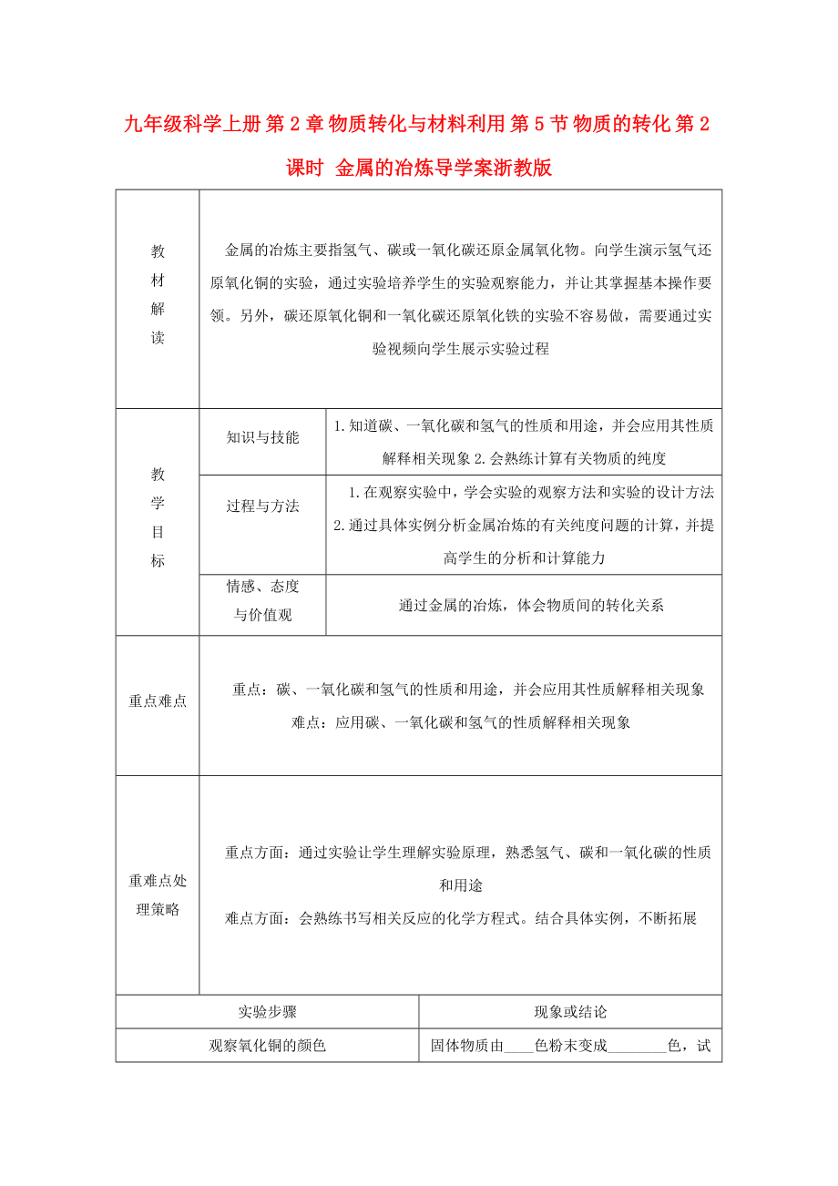 九年級(jí)科學(xué)上冊(cè) 第2章 物質(zhì)轉(zhuǎn)化與材料利用 第5節(jié) 物質(zhì)的轉(zhuǎn)化 第2課時(shí) 金屬的冶煉導(dǎo)學(xué)案浙教版_第1頁(yè)