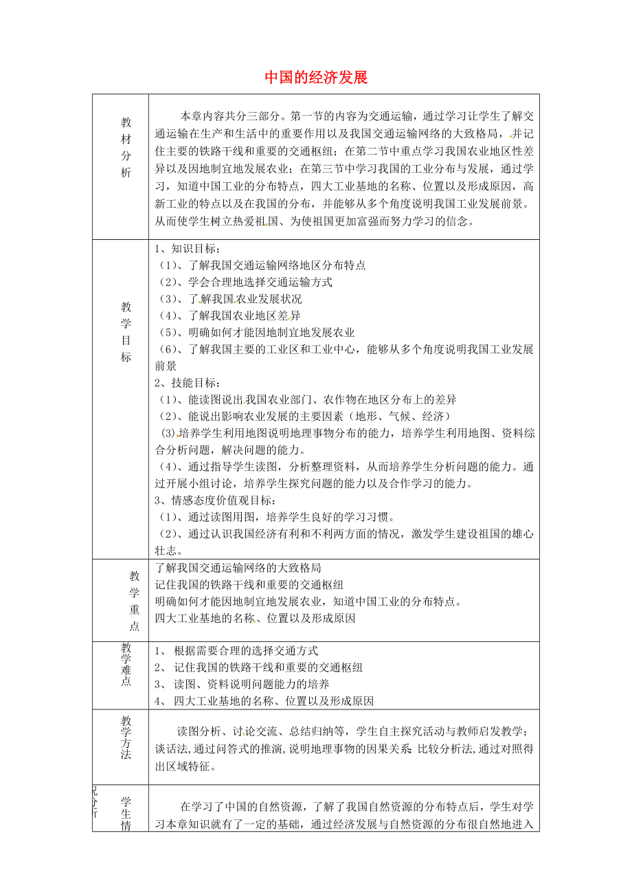 山東省淄博市臨淄區(qū)第八中學(xué)八年級(jí)地理上冊(cè)《第四章 中國(guó)的經(jīng)濟(jì)發(fā)展》教案 新人教版_第1頁(yè)