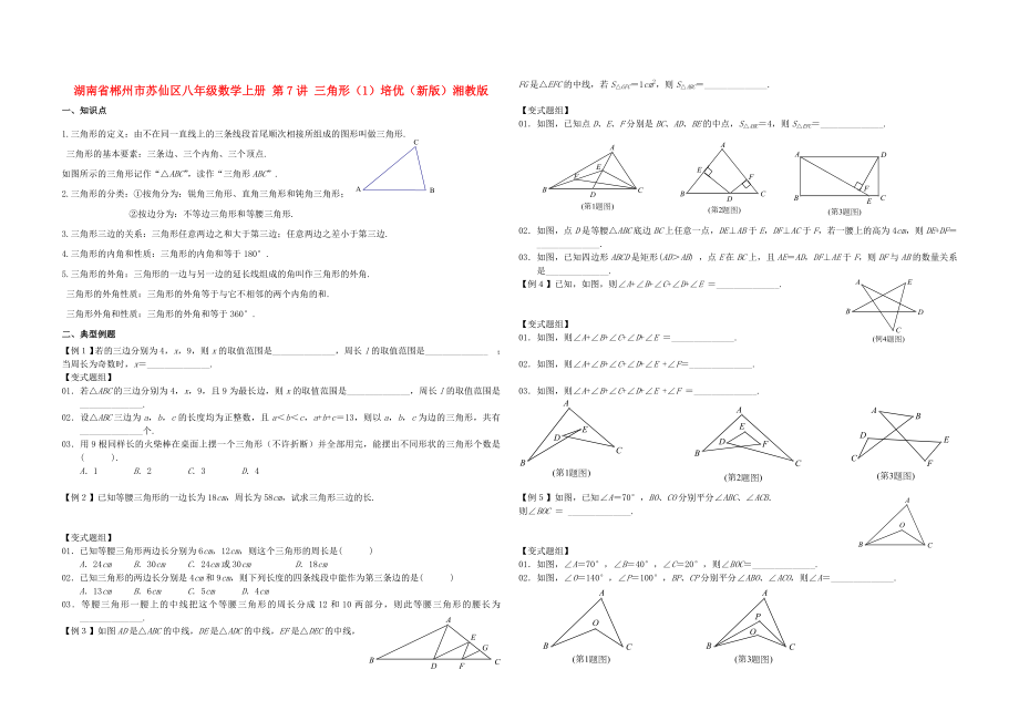 湖南省郴州市苏仙区八年级数学上册 第7讲 三角形（1）培优（新版）湘教版_第1页
