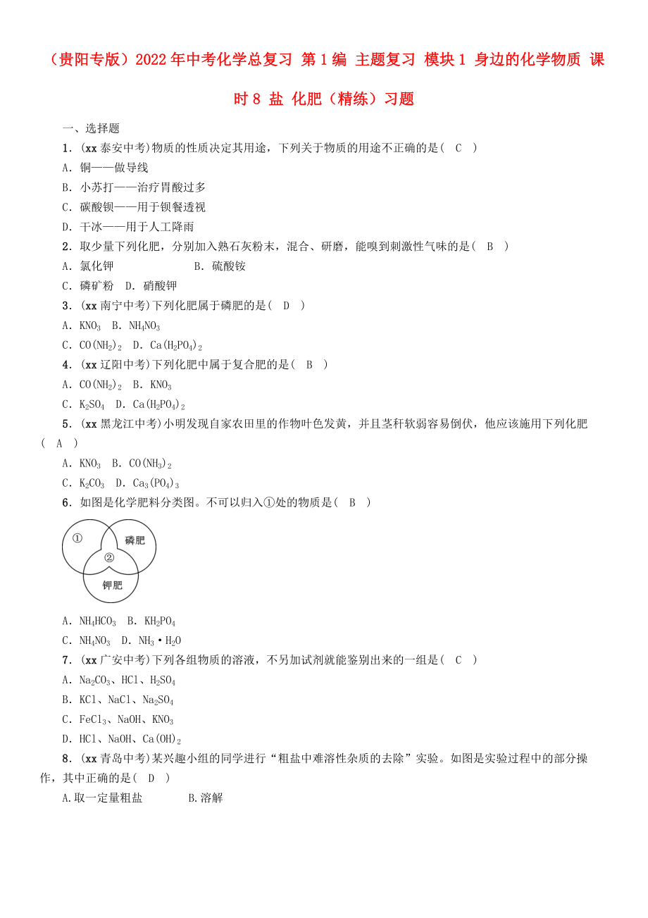 （貴陽專版）2022年中考化學(xué)總復(fù)習(xí) 第1編 主題復(fù)習(xí) 模塊1 身邊的化學(xué)物質(zhì) 課時8 鹽 化肥（精練）習(xí)題_第1頁