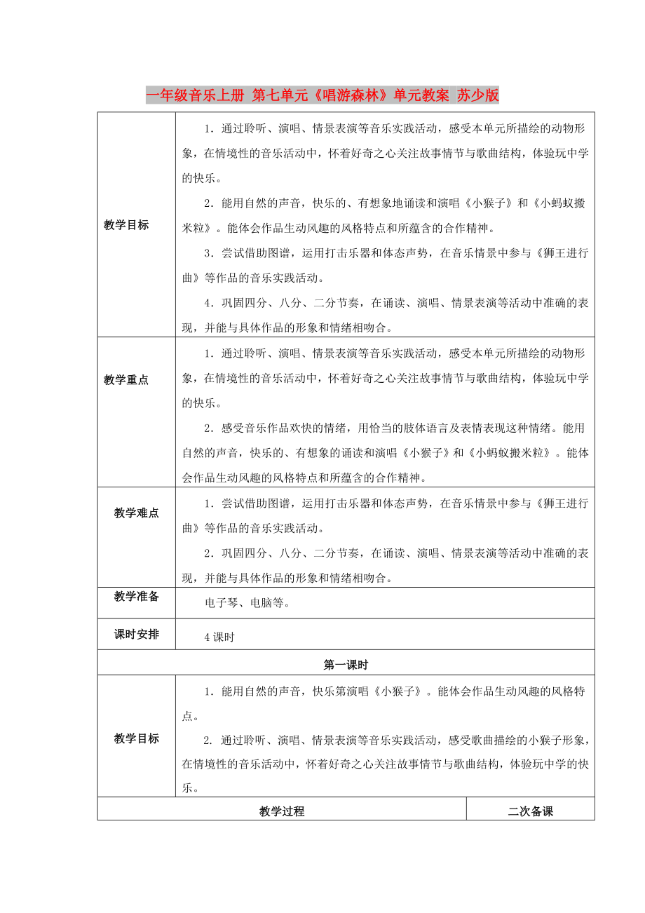 一年級(jí)音樂(lè)上冊(cè) 第七單元《唱游森林》單元教案 蘇少版_第1頁(yè)