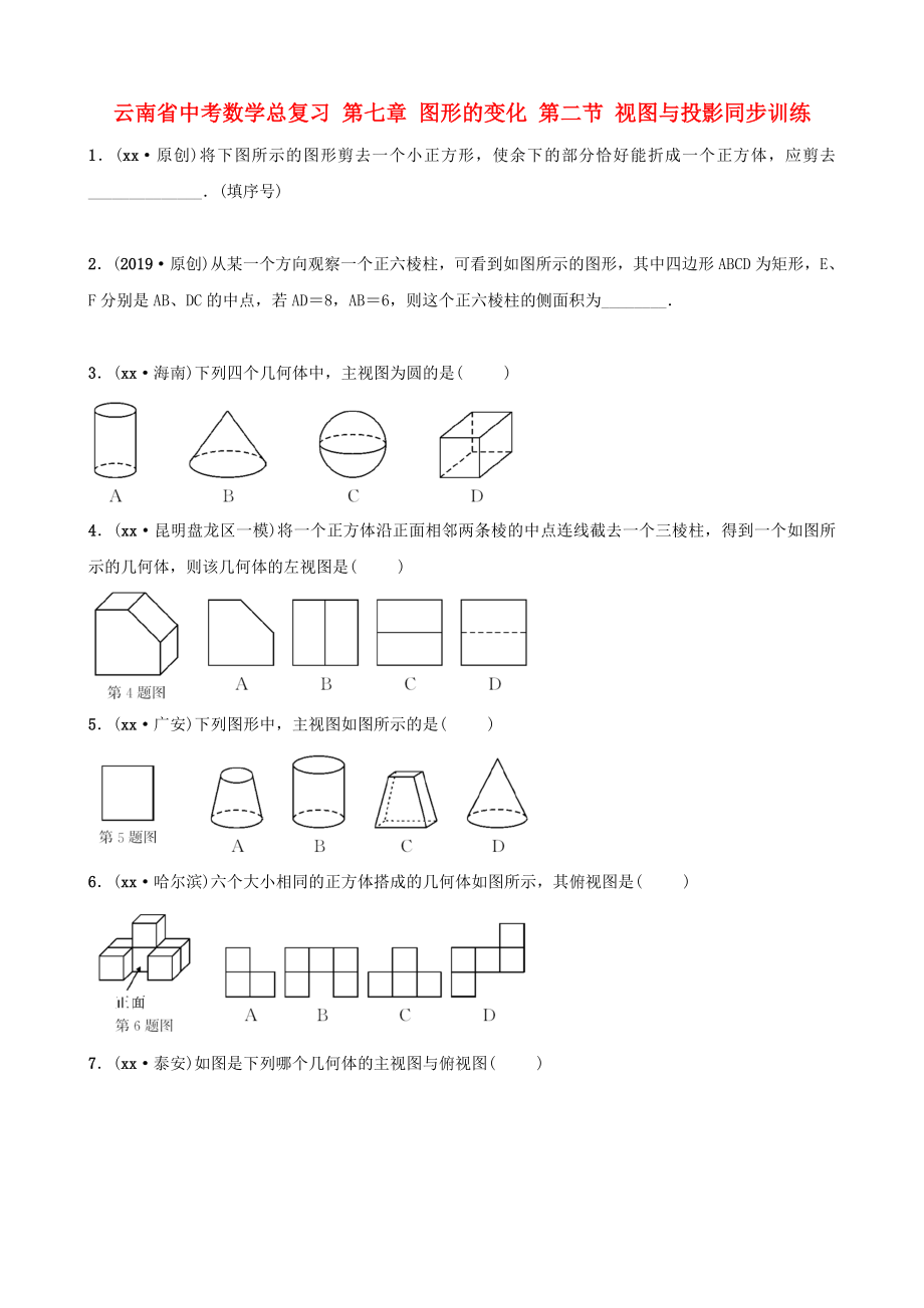 云南省中考数学总复习 第七章 图形的变化 第二节 视图与投影同步训练_第1页