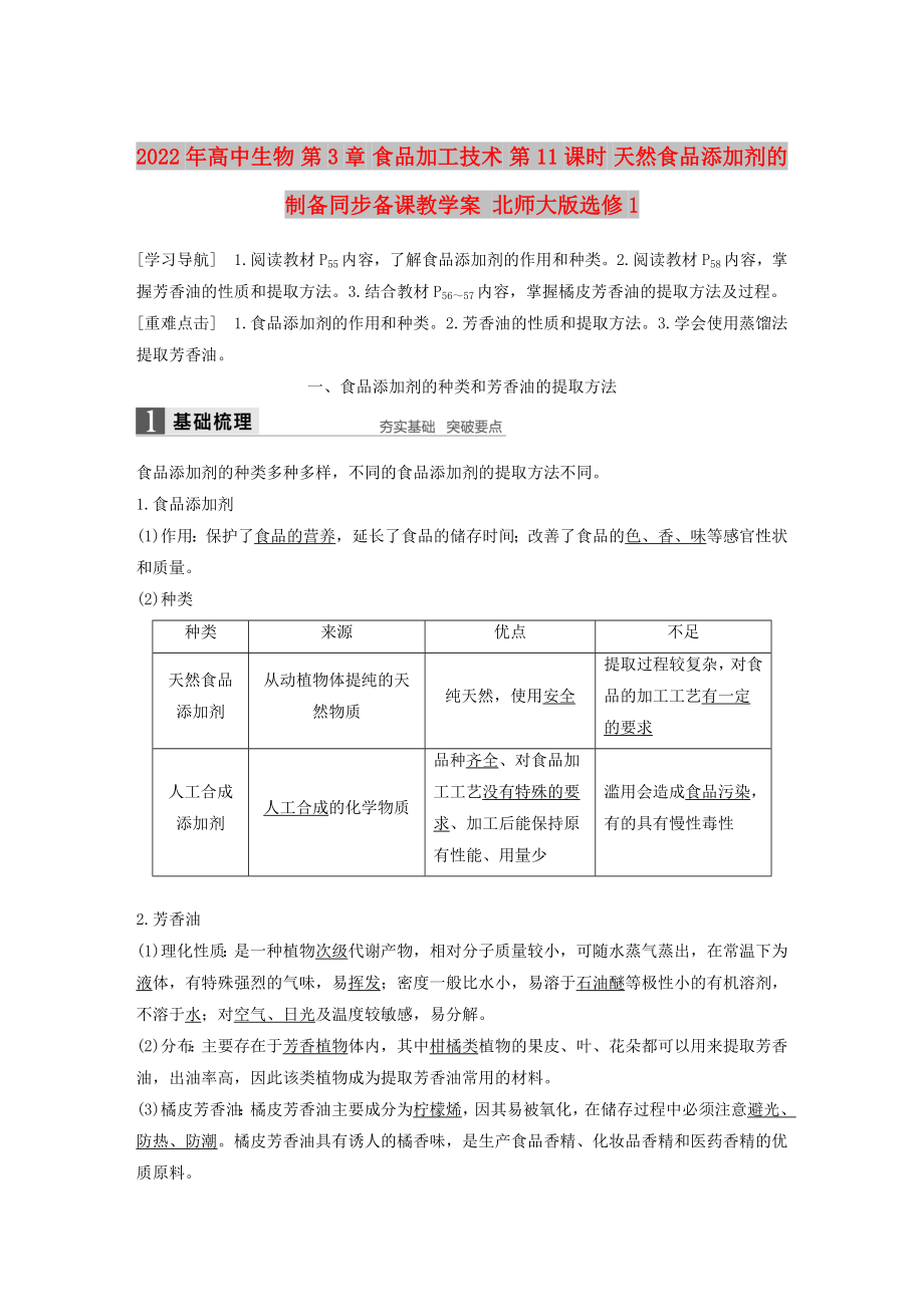 2022年高中生物 第3章 食品加工技術(shù) 第11課時(shí) 天然食品添加劑的制備同步備課教學(xué)案 北師大版選修1_第1頁(yè)