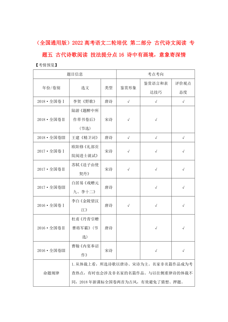 （全國通用版）2022高考語文二輪培優(yōu) 第二部分 古代詩文閱讀 專題五 古代詩歌閱讀 技法提分點(diǎn)16 詩中有畫境意象寄深情_第1頁