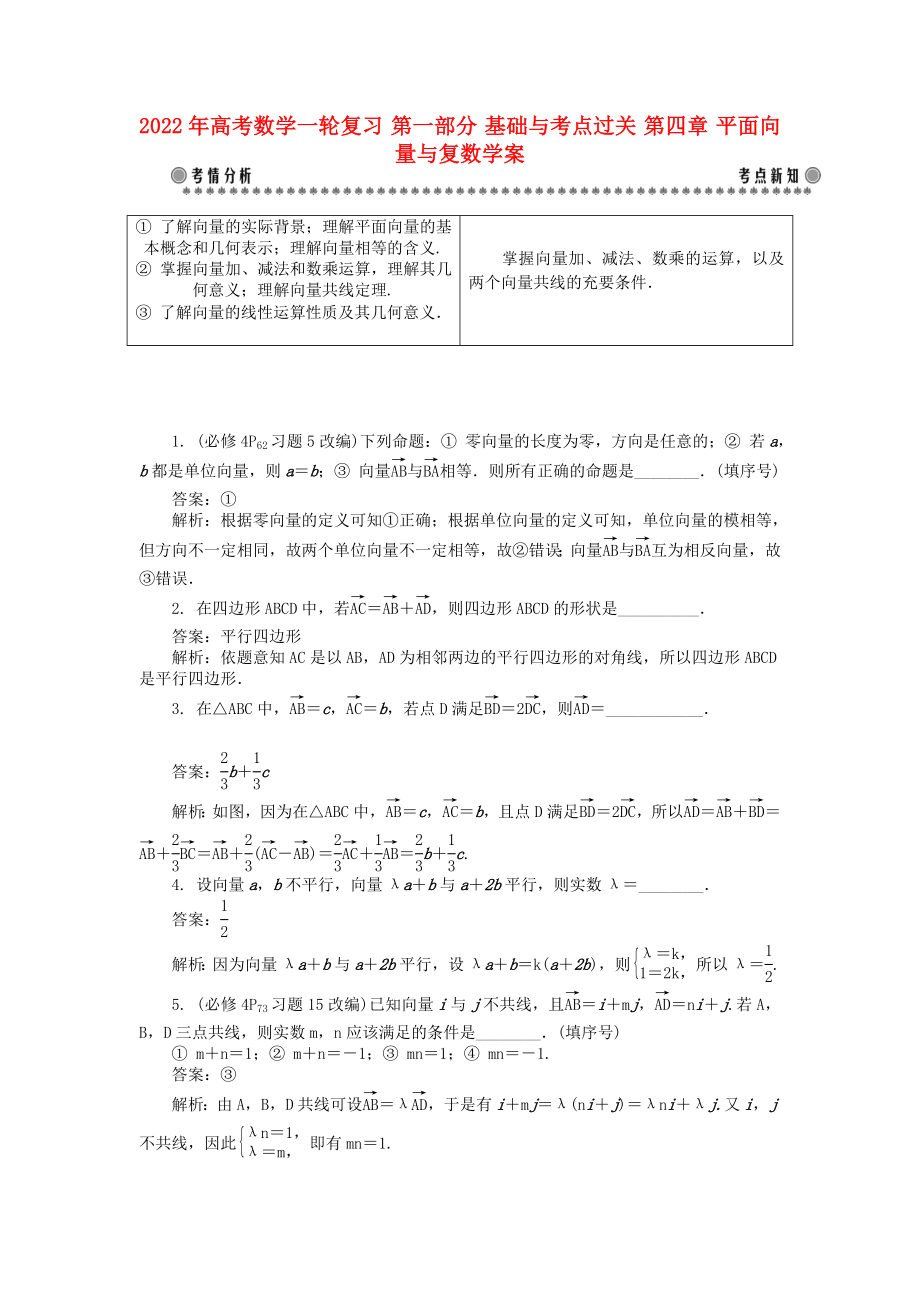 2022年高考數(shù)學(xué)一輪復(fù)習(xí) 第一部分 基礎(chǔ)與考點(diǎn)過(guò)關(guān) 第四章 平面向量與復(fù)數(shù)學(xué)案_第1頁(yè)