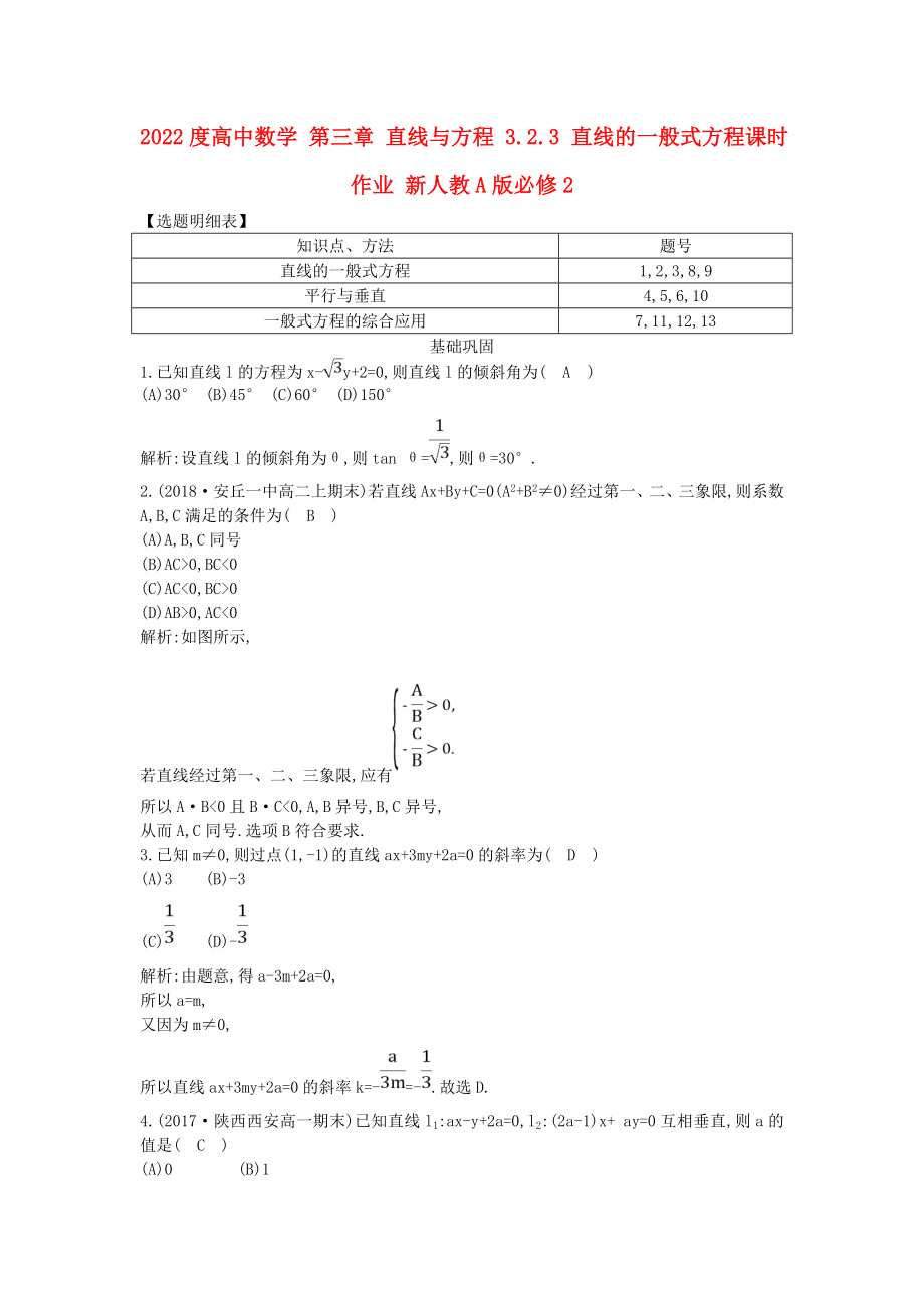 2022度高中數(shù)學(xué) 第三章 直線與方程 3.2.3 直線的一般式方程課時(shí)作業(yè) 新人教A版必修2_第1頁(yè)