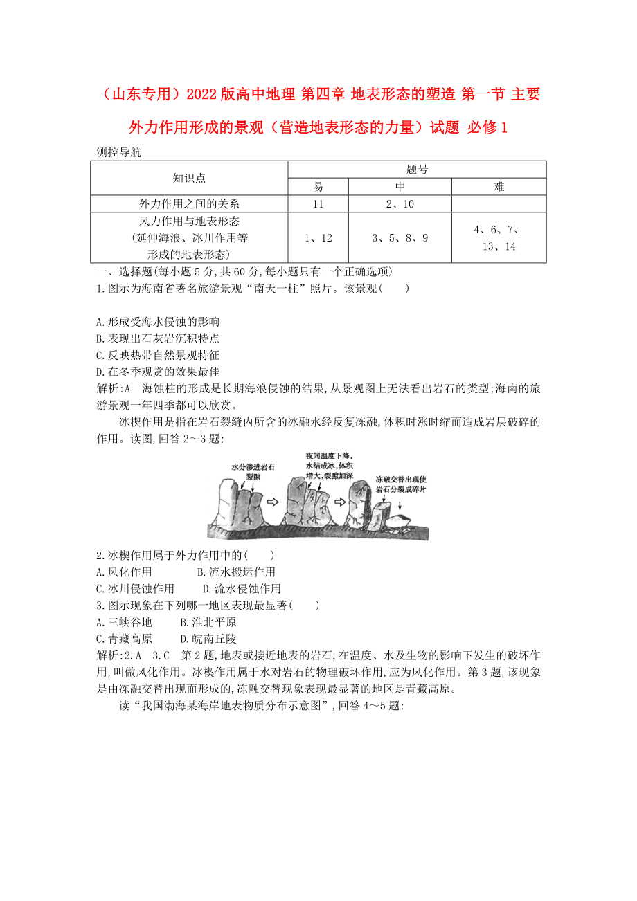 （山东专用）2022版高中地理 第四章 地表形态的塑造 第一节 主要外力作用形成的景观（营造地表形态的力量）试题 必修1_第1页