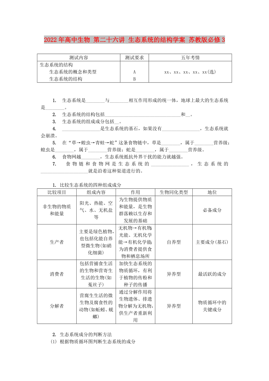 2022年高中生物 第二十六講 生態(tài)系統(tǒng)的結(jié)構(gòu)學(xué)案 蘇教版必修3_第1頁(yè)