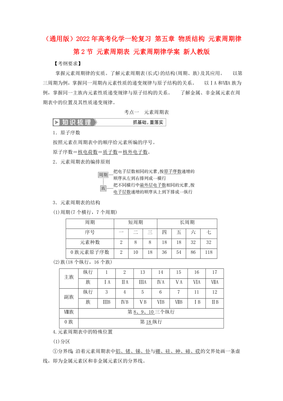 （通用版）2022年高考化学一轮复习 第五章 物质结构 元素周期律 第2节 元素周期表 元素周期律学案 新人教版_第1页