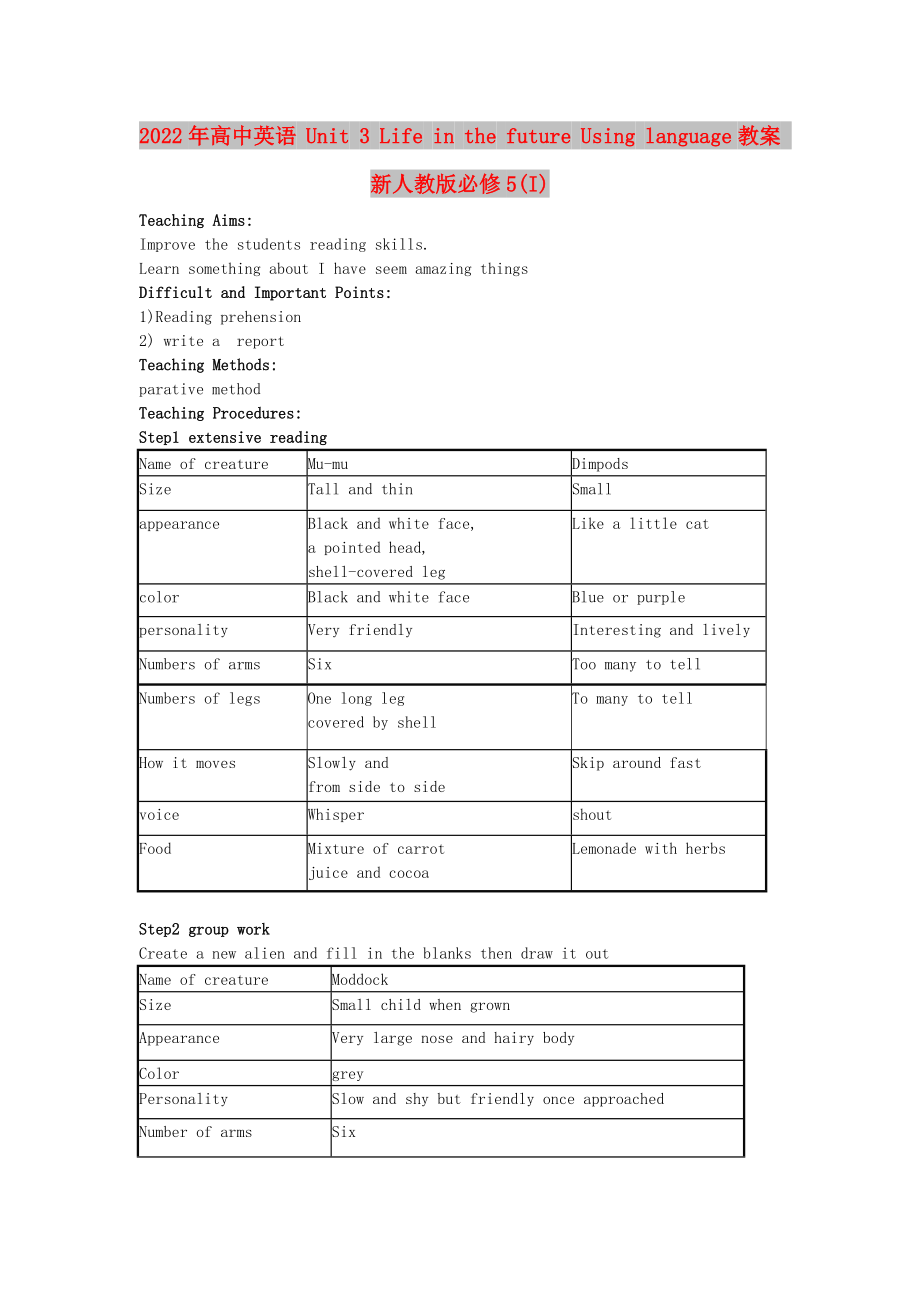 2022年高中英語(yǔ) Unit 3 Life in the future Using language教案 新人教版必修5(I)_第1頁(yè)