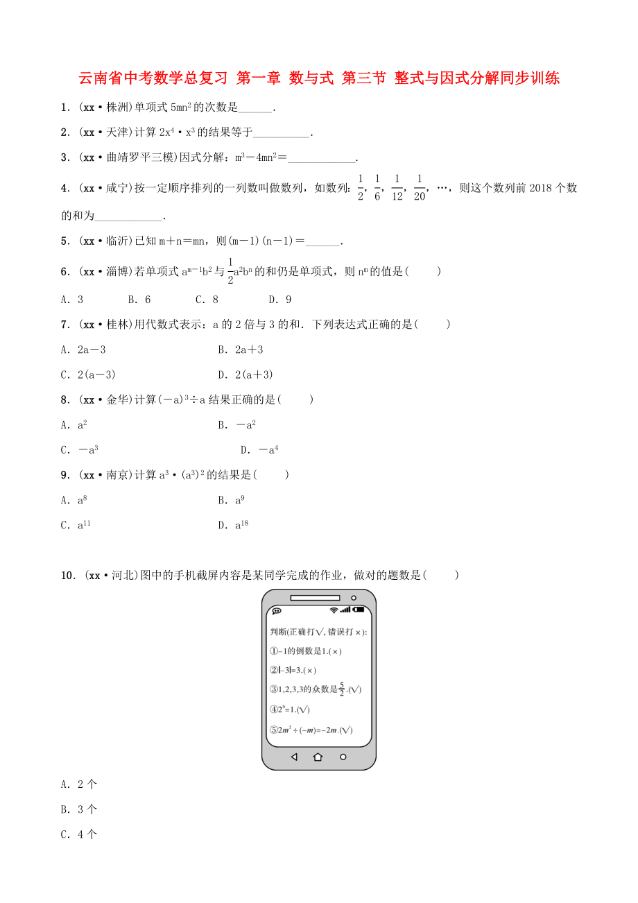 云南省中考数学总复习 第一章 数与式 第三节 整式与因式分解同步训练_第1页