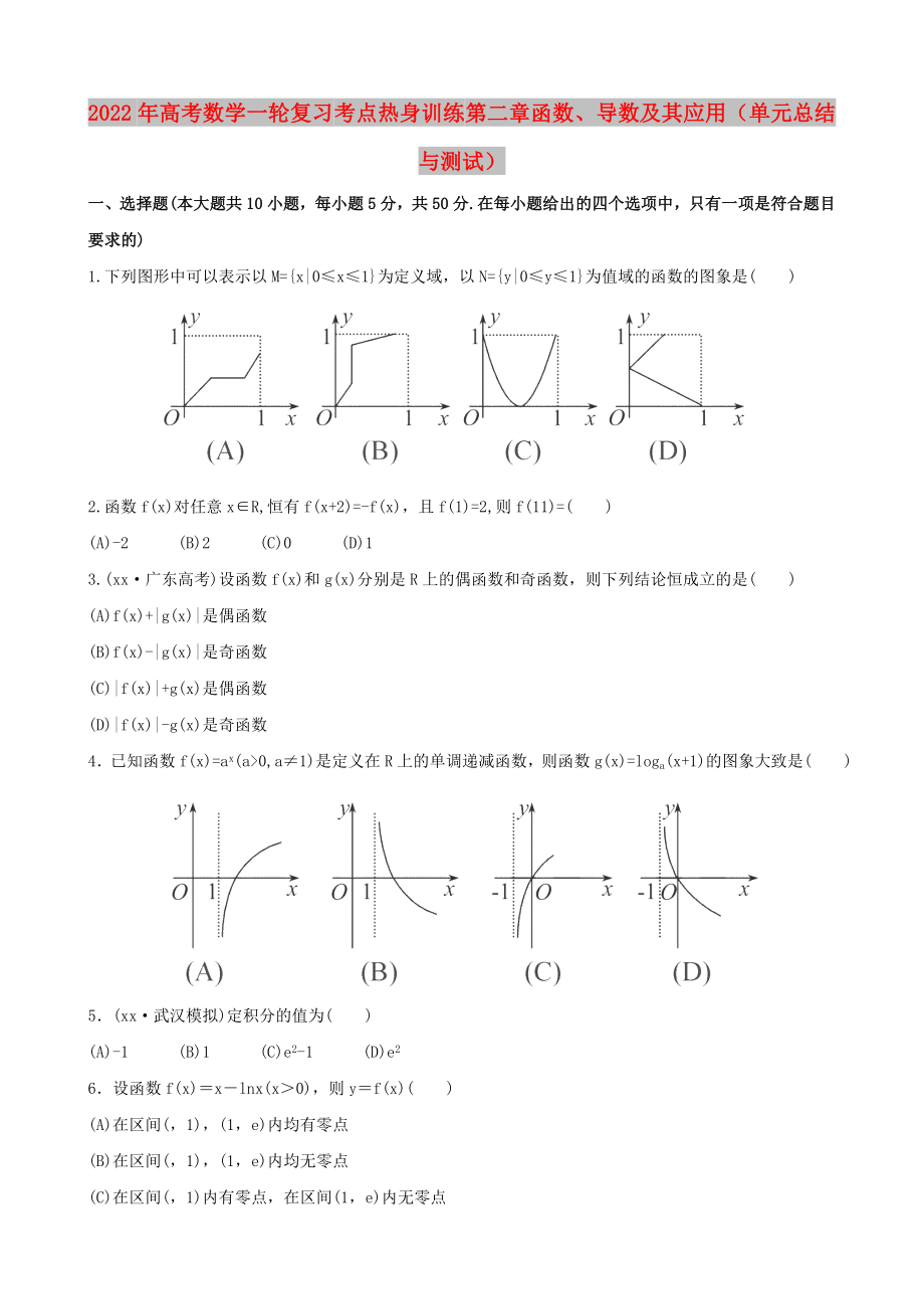 2022年高考數(shù)學(xué)一輪復(fù)習(xí) 考點熱身訓(xùn)練 第二章函數(shù)、導(dǎo)數(shù)及其應(yīng)用（單元總結(jié)與測試）_第1頁