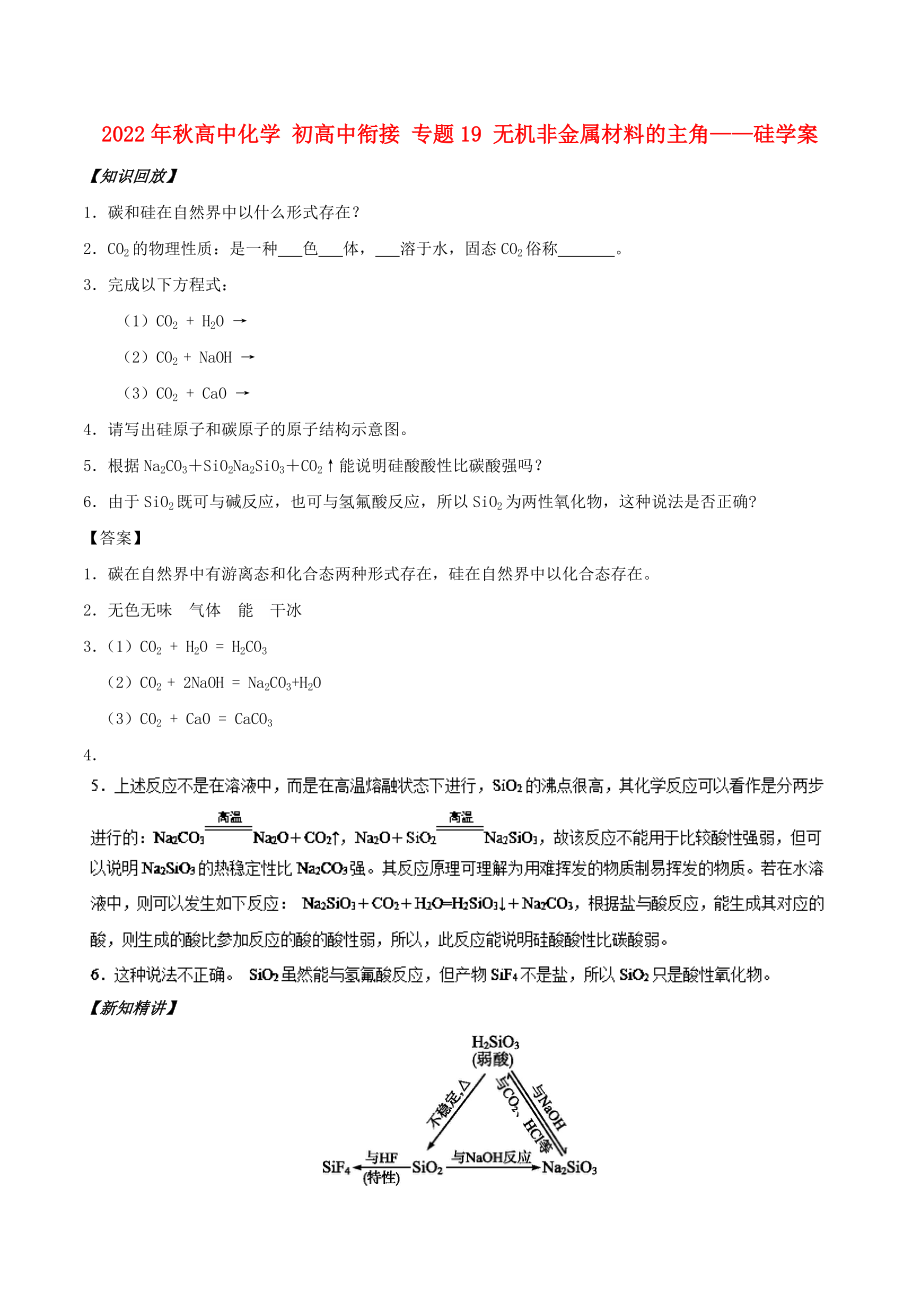 2022年秋高中化學(xué) 初高中銜接 專(zhuān)題19 無(wú)機(jī)非金屬材料的主角——硅學(xué)案_第1頁(yè)