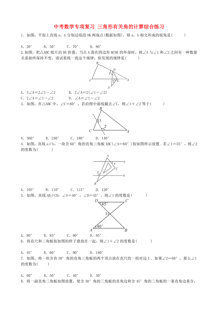 中考數(shù)學(xué)專項(xiàng)復(fù)習(xí) 三角形有關(guān)角的計(jì)算綜合練習(xí)_第1頁