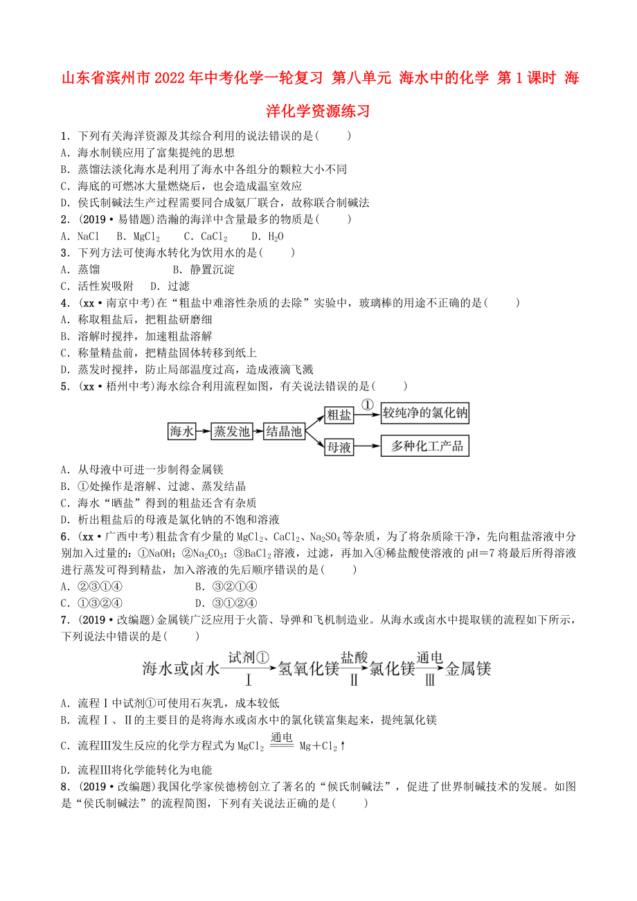 山东省滨州市2022年中考化学一轮复习 第八单元 海水中的化学 第1课时 海洋化学资源练习_第1页