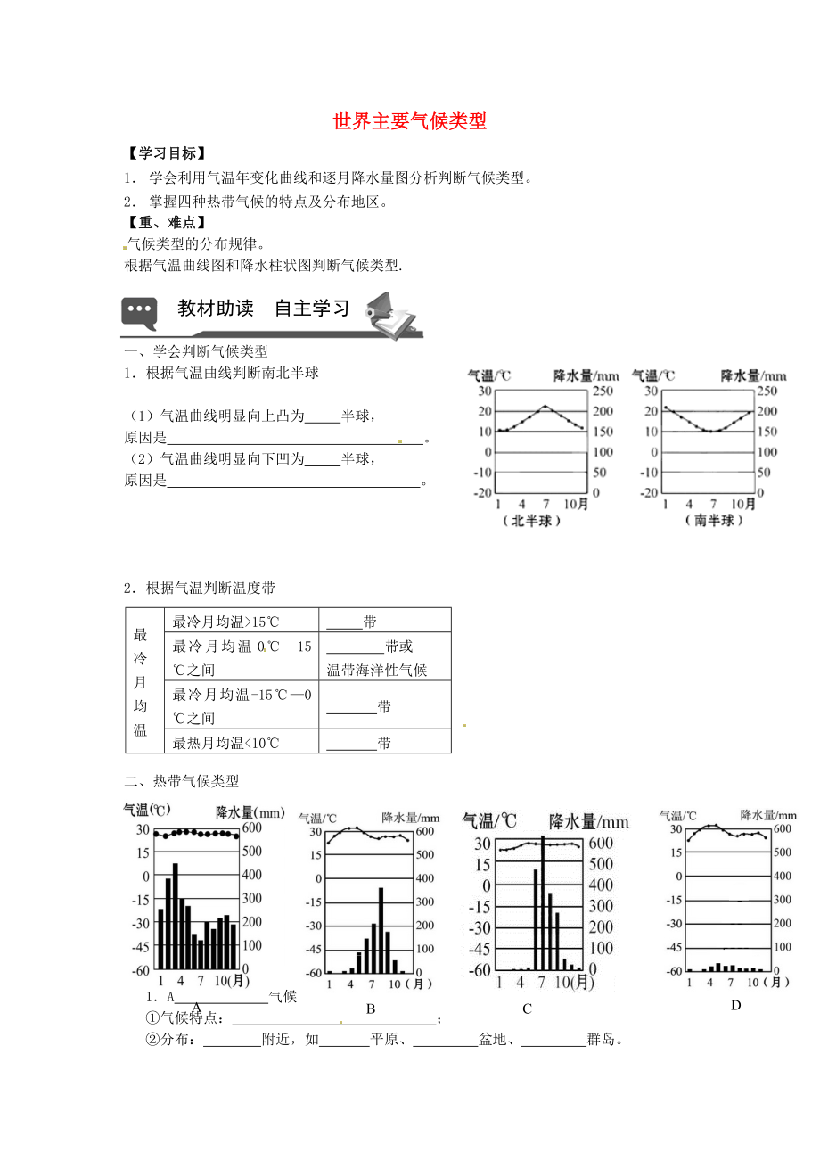 山東省無(wú)棣縣第一實(shí)驗(yàn)學(xué)校七年級(jí)地理上冊(cè) 第四章 第四節(jié) 世界主要?dú)夂蝾?lèi)型導(dǎo)學(xué)案1（無(wú)答案） 湘教版_第1頁(yè)