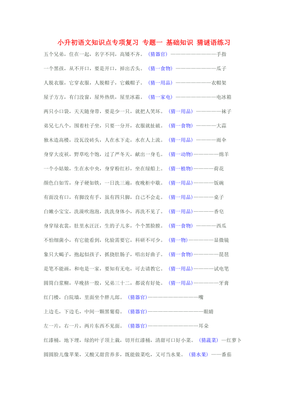 小升初語文知識點專項復(fù)習 專題一 基礎(chǔ)知識 猜謎語練習_第1頁