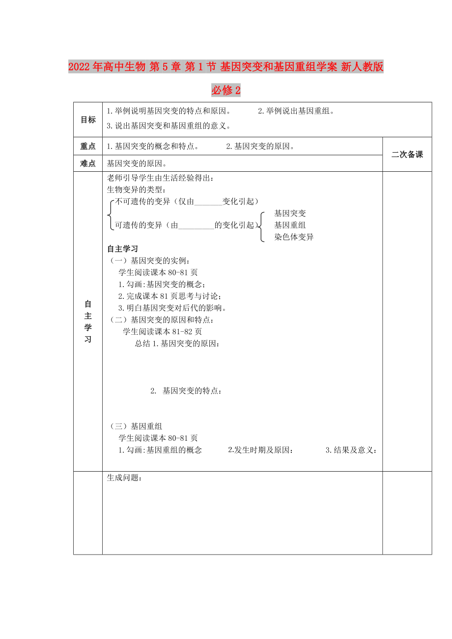 2022年高中生物 第5章 第1節(jié) 基因突變和基因重組學(xué)案 新人教版必修2_第1頁