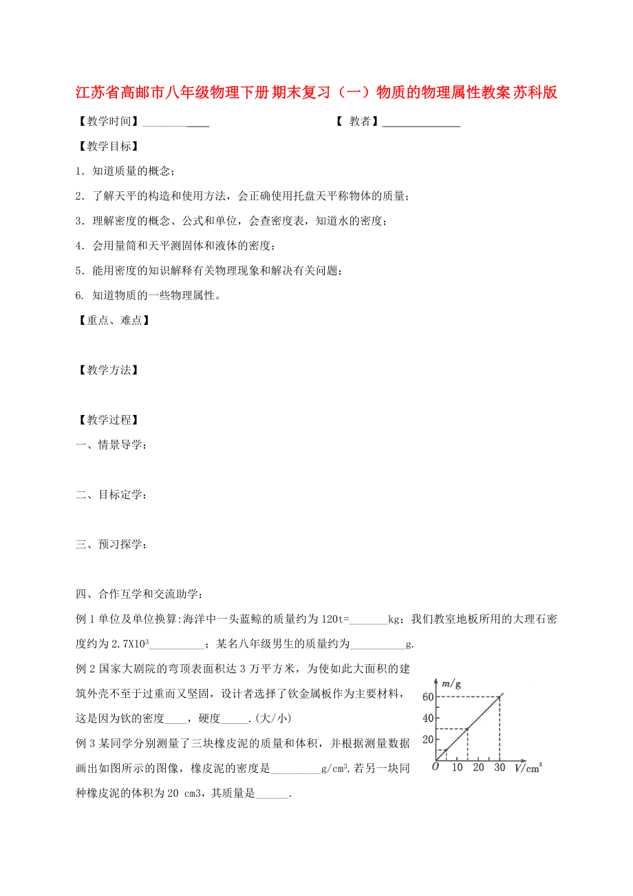 江蘇省高郵市八年級物理下冊 期末復(fù)習（一）物質(zhì)的物理屬性教案 蘇科版_第1頁