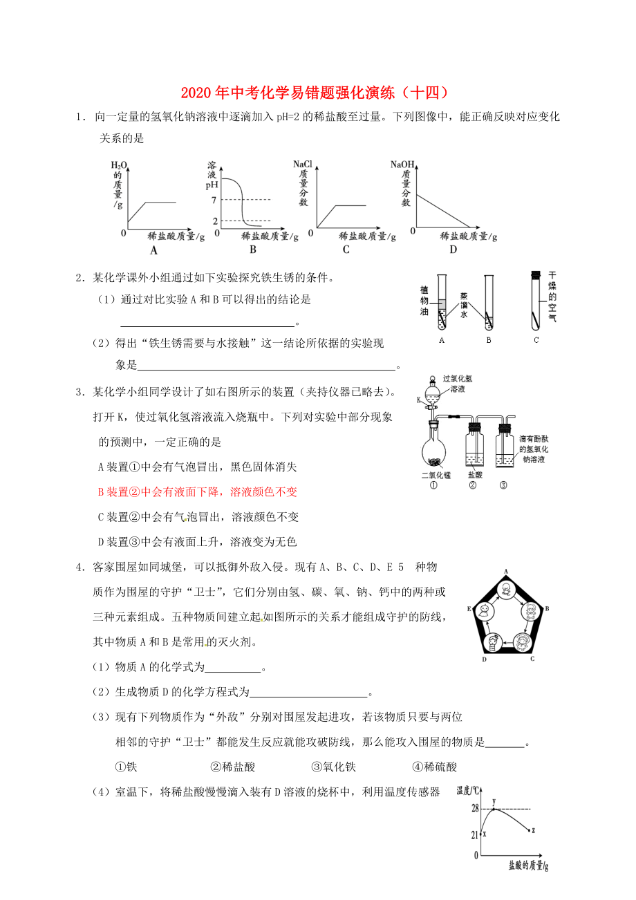 2020屆中考化學 易錯題強化演練（十四）（無答案）_第1頁