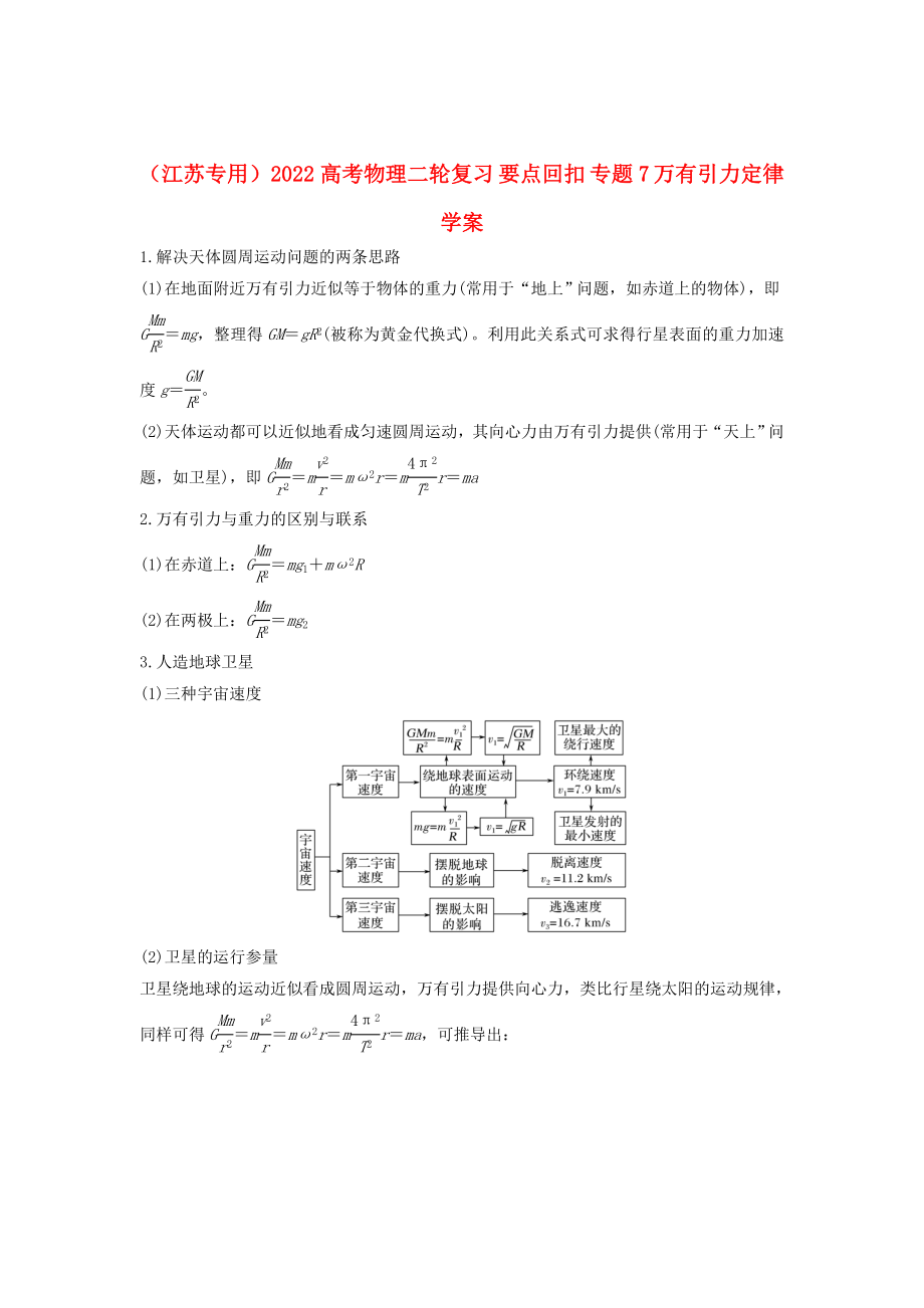 （江蘇專用）2022高考物理二輪復(fù)習(xí) 要點(diǎn)回扣 專題7 萬有引力定律學(xué)案_第1頁