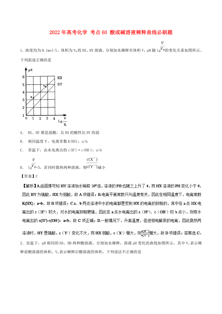 2022年高考化學(xué) 考點60 酸或堿溶液稀釋曲線必刷題_第1頁