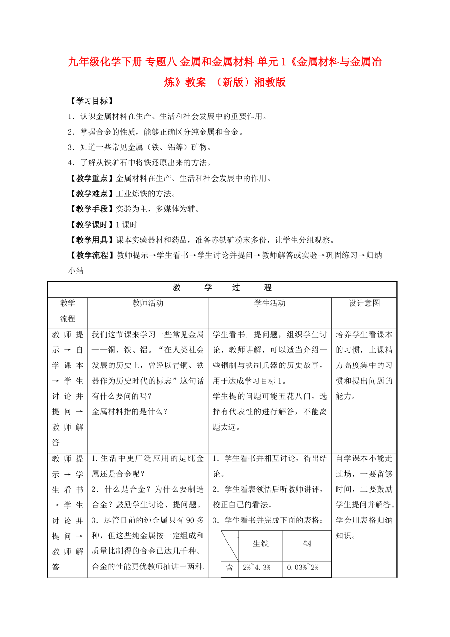 九年级化学下册 专题八 金属和金属材料 单元1《金属材料与金属冶炼》教案 （新版）湘教版_第1页