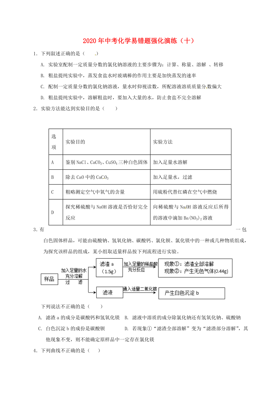 2020屆中考化學 易錯題強化演練（十）（無答案）_第1頁