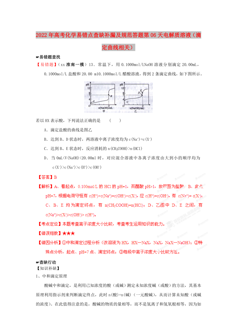 2022年高考化學(xué) 易錯(cuò)點(diǎn)查缺補(bǔ)漏及規(guī)范答題 第06天 電解質(zhì)溶液（滴定曲線相關(guān)）_第1頁(yè)