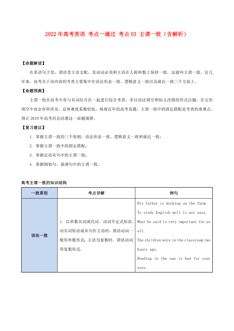 2022年高考英語 考點(diǎn)一遍過 考點(diǎn)03 主謂一致（含解析）_第1頁