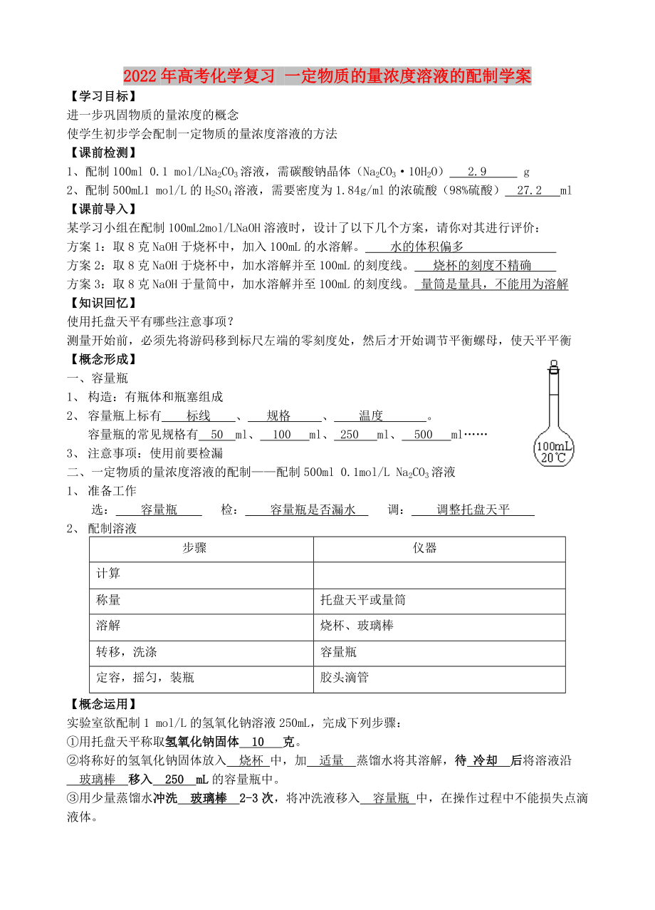 2022年高考化學(xué)復(fù)習(xí) 一定物質(zhì)的量濃度溶液的配制學(xué)案_第1頁