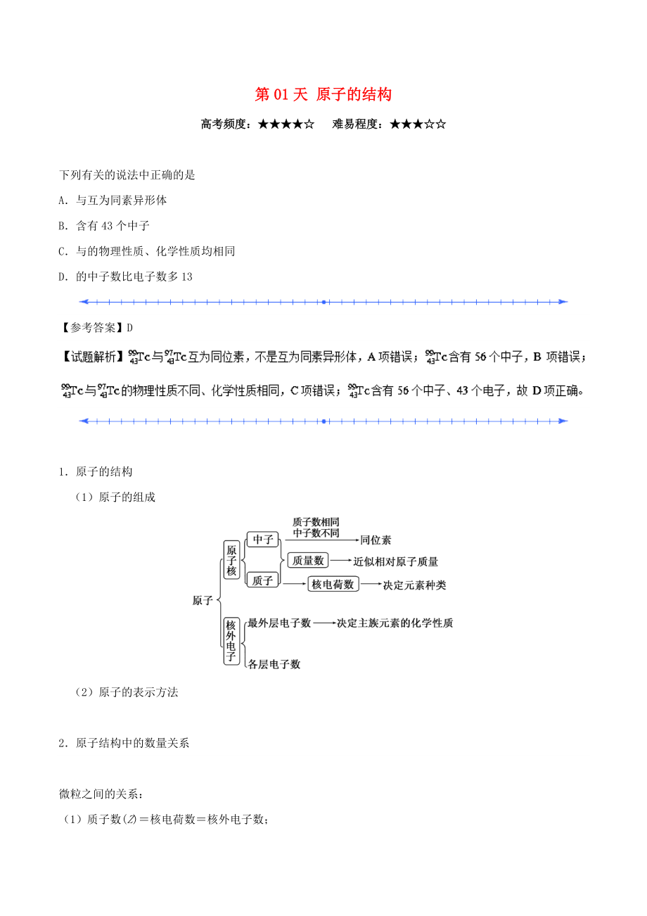 2022高中化学 每日一题之快乐暑假 第01天 原子的结构（含解析）新人教版_第1页