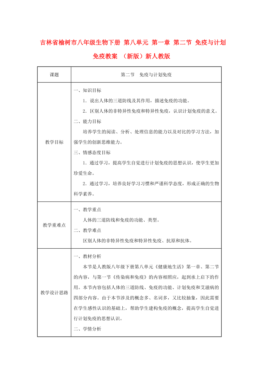 吉林省榆樹市八年級生物下冊 第八單元 第一章 第二節(jié) 免疫與計劃免疫教案 （新版）新人教版_第1頁