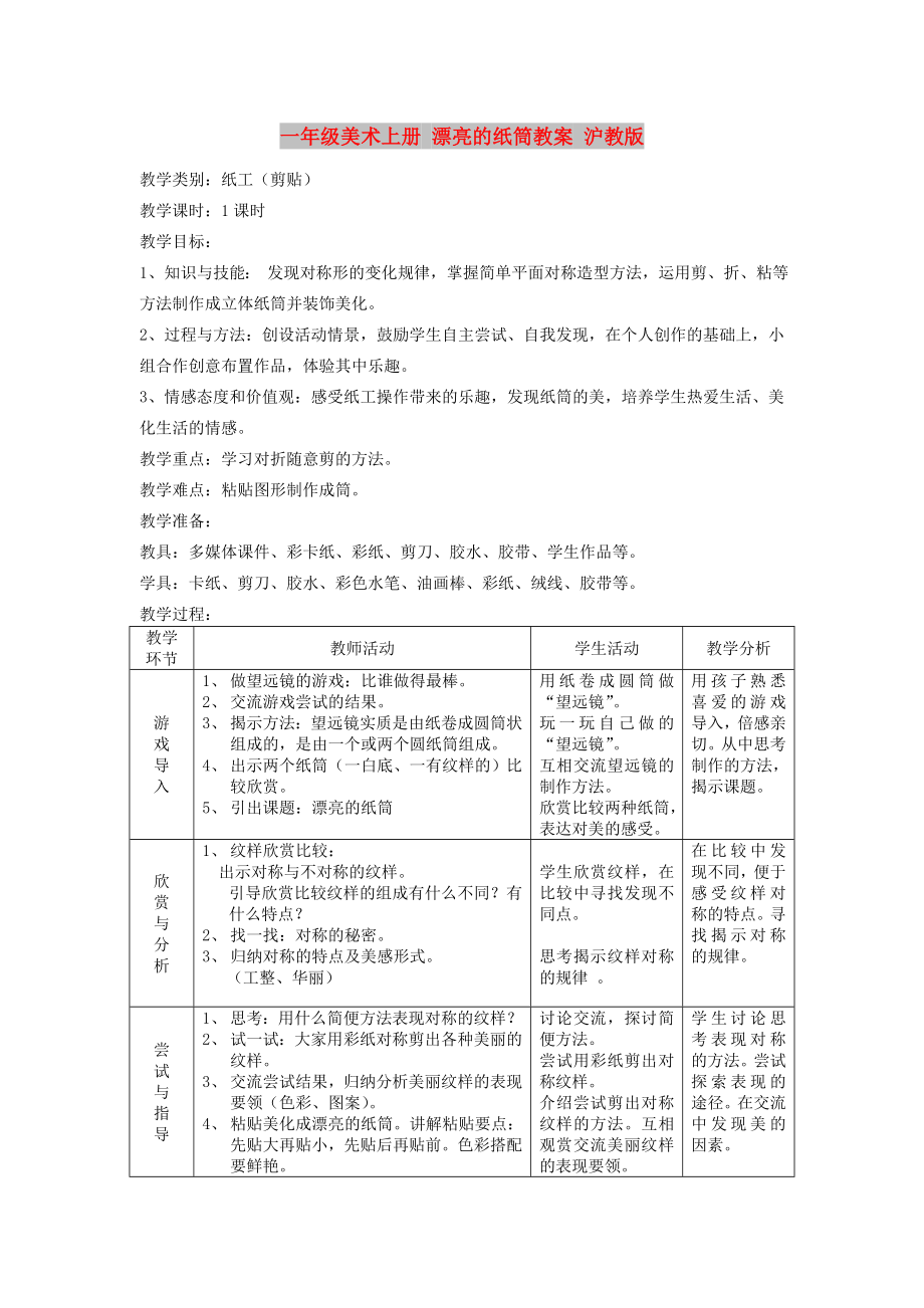 一年級(jí)美術(shù)上冊(cè) 漂亮的紙筒教案 滬教版_第1頁(yè)