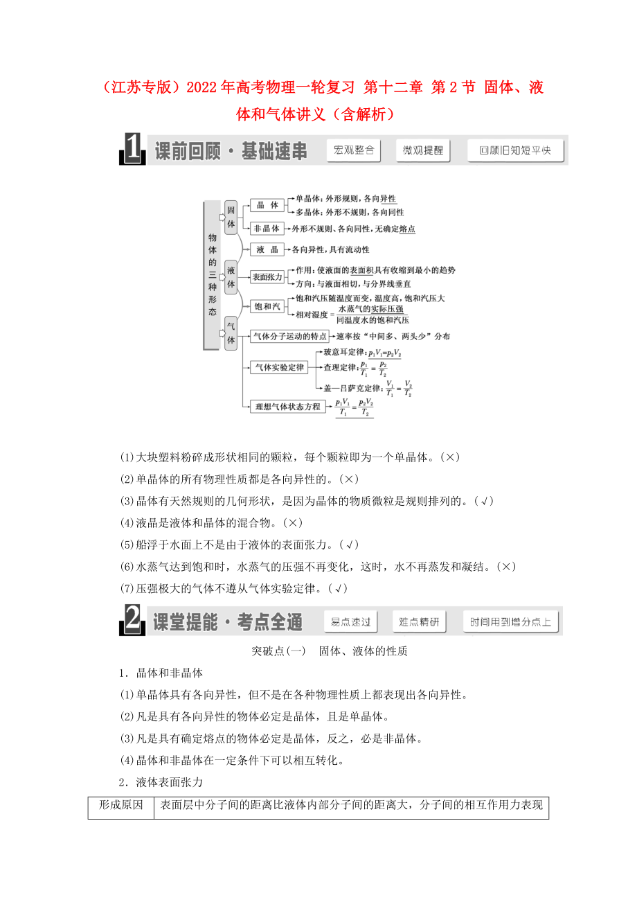 （江蘇專版）2022年高考物理一輪復(fù)習(xí) 第十二章 第2節(jié) 固體、液體和氣體講義（含解析）_第1頁